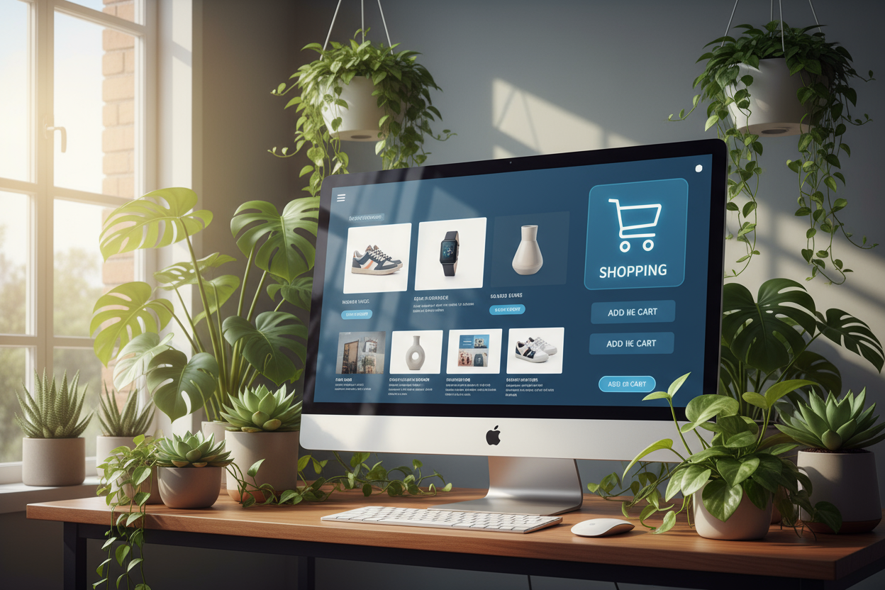 IMAGEN QUE REPRESENTE COMERCIO ELECTRÓNICO PERO QUE TENGA PLANTAS AL REDEDOR